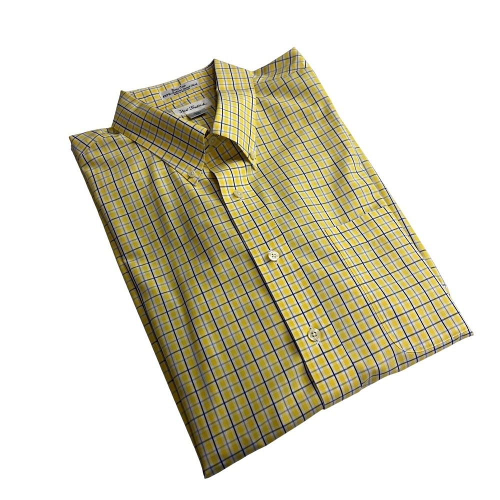 Paul Fredrick Button Down Shirt Mens Size XL Yellow Plaid SS Cotton Sport F13